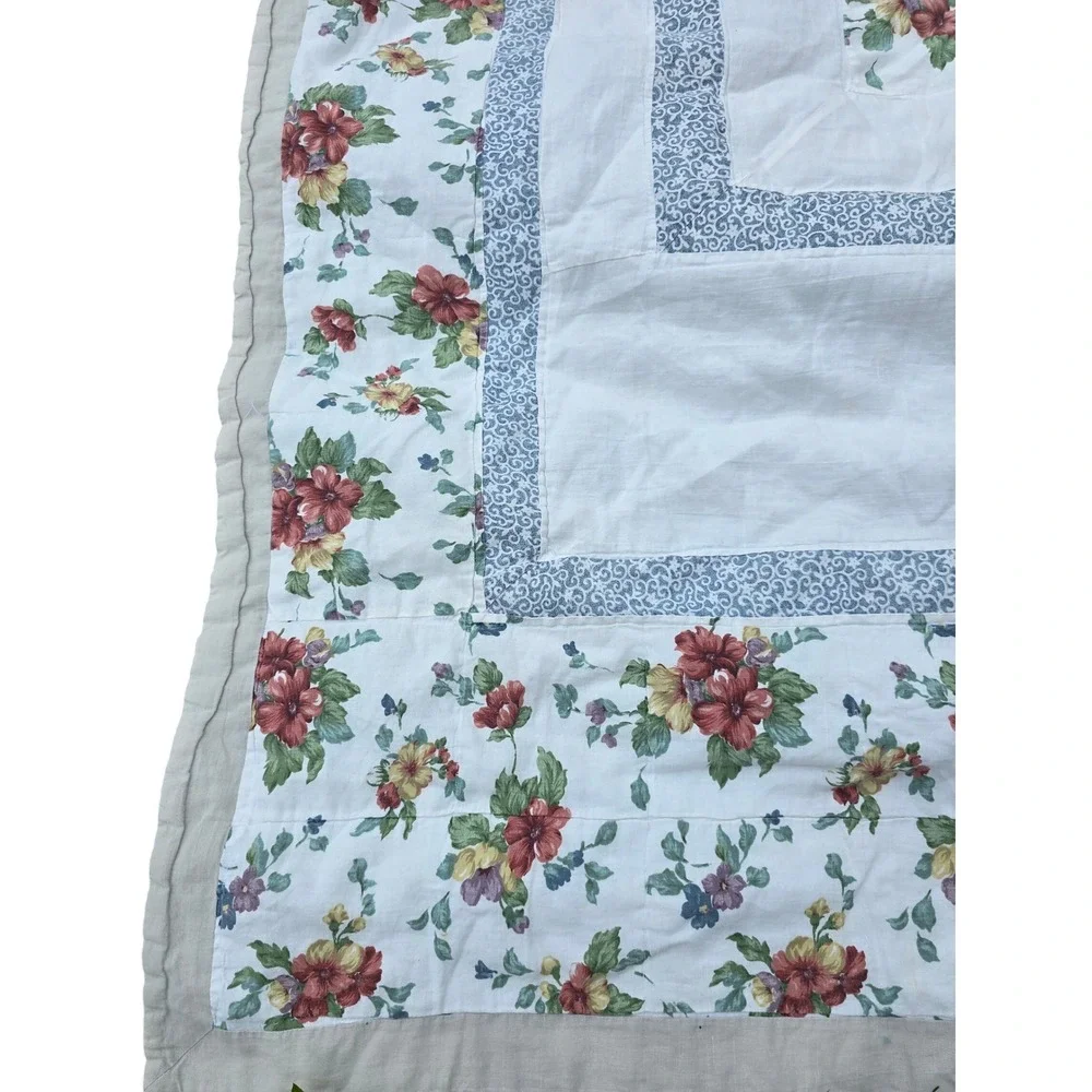 Handmade Patchwork Star Floral Quilt White Pink Green Farmhouse Cottagecore